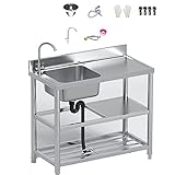 Edelstahlspüle Küchenspüle Gewerbliche Spüle Freistehende Spüle Multifunktionswaschbecken mit Arbeitsplatte und Wasserhahn Verstellbare Füße Waschküche Wohnung Garten Camping 100cm/39.3in Left
