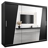 Kryspol Schwebetürenschrank Rhomb 250 cm mit Spiegel Kleiderschrank mit Kleiderstange und Einlegeboden Schlafzimmer- Wohnzimmerschrank Schiebetüren Modern Design (Schwarz)