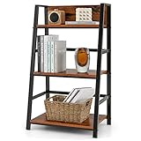 COSTWAY Leiterregal, Bücherregal mit 3 Ebenen, Freistehendes Regal aus Holz mit Metallrahmen, Lagerregal mit Kippschutz, Standregal für Wohnzimmer & Büro & Homeoffice, Vintage (braun-schwarz)