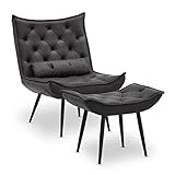 M MCombo Sessel mit Hocker, moderner Relaxsessel mit Taillenkissen für Wohnzimmer, Retro Vintage Lesesessel Loungesessel Stuhl Polstersessel, Kunstleder,4778 (Dunkelgrau)