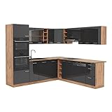 Vicco Küchenzeile Einbauküche Küchenschränke R-Line Eiche Küchenmöbel (Eiche-Anthrazit Hochglanz, Ecke 247x237 cm)