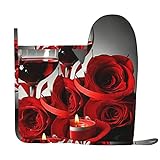 Rote Rose und Wein, romantische Dekoration, Ofenhandschuhe, Topflappen, Set, hitzebeständig, Küchenhandschuhe für Küche, Kochen, Backen und Grillen im Freien