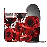 Rote Rose und Wein, romantische Dekoration, Ofenhandschuhe, Topflappen, Set, hitzebeständig, Küchenhandschuhe für Küche, Kochen, Backen und Grillen im Freien