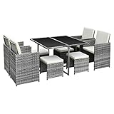 Ribelli Gartenmöbel Set 9-Teilig, Lounge Balkonmöbel aus Polyrattan, Wetterfest Sitzgruppe, Sitzgarnitur mit Sofa, Esstisch, Outdoor Kissen, Hocker, für Rasen, Terrasse, Garten, Grau/Cream