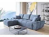 ML Furniture Velvet Ecksofa in L-Form – Blau Sofa – Couch mit Stauraum und Kissen - Ausziehbares Schlafsofa – Sofa mit Schlaffunktion - Schlafsofa mit Bettkasten – Gästebett – 289 x 189 cm