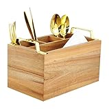 Eitida Besteckkasten Holz,Besteckaufbewahrung Tischbutler mit 4 Fächern aus Akazienholz mit goldenem Metallgriff.Besteck-Caddy, Besteck-Gewürz-Organizer für Essen, Picknicks, Küche.