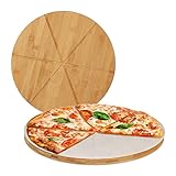 Relaxdays Pizzabrett, runde 33 cm Ø, inkl, Pizza Schneidebrett mit Rillen, Natur, Holz, Pizzateller Bambus 2er Set mit Backpapier