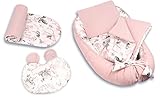 PIMKO 5tlg. Baby Kuschelnest-Set inkl. Babynest 55x90 Babydecke Baby- Matratze Nestchen für Babys 100% Baumwolle Super Weich Baby-Kokon (Rosa und Blume)