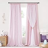 NICETOWN Verdunklungsvorhänge Kinderzimmer H 240 x B 132 cm 2er Set Kräuselband Gardinen Kinderzimmer Mädchen Doppellagiger Vorhang mit Hohlen Sternen & Voile, Hellpink