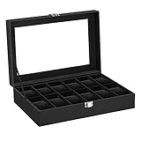 SONGMICS Uhrenbox mit 12 Fächern, Uhrenkasten mit Glasdeckel, Uhrenkoffer mit herausnehmbaren Uhrenkissen, Premium-Uhrenschatulle, PU-Bezug in Schwarz, Samtfutter in Schwarz JWB12B