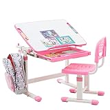 Kinderschreibtisch mit Stuhl TUTTO in weiß/rosa höhenverstellbar und neigbar mit Schublade und Stifterinne, Schreibtisch höhenverstellbar für Kinder, Tisch mit neigbarer Arbeitsfläche mit Rucksackhalt