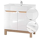 Lomadox Badezimmer Waschtisch Set mit 81cm Keramik-Waschbecken, Unterschrank Hochglanz weiß & Wotaneiche, Softclose-Türen, B/H/T 81/85/46cm