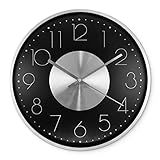 K&L Wall Art Silberne Wanduhr 30cm Durchmesser ohne Tickgeräusche langlebige Metallic Uhr für Wohnzimmer Büro lautlose Aluminium Metalluhr (Silber Schwarz)