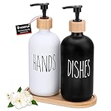 2er Set Seifenspender, Spülmittelspender 500ml, Seifenspender Glas mit Bambuspumpe Und Tablett, Seifenspender Küche für Shampoos, Handseifen, Waschmittel und Duschgels