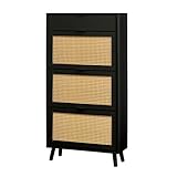House and Homestyle Schuhschrank, Rattan-Stil, Schwarz, H119cm x W63cm x D24cm