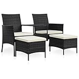 JUNZAI 2-Sitzer-Gartensofa mit Tisch & Hocker, Outdoor Sofa, Gartenbank, Gartenlounge Outdoor, Balkon Sofa, Liegesofa, Outdoorsofa, Poly Rattan Schwarz