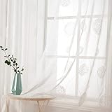 MIULEE Vorhänge mit Florales Stickerei, Gardinen Weiß für Wohnzimmer, Schlafzimmer Vorhang Transparent mit Ösen, 2er Set Voile Blumen Durchsichtig Vorhänge, Jeder H 245 X B 140cm