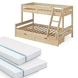 VitaliSpa Hochbett Kinderbett Spielbett Everest modern Massivholz Kinderzimmer Bett Lattenrost Bettleiter Kletterbett Doppelbett Geschwisterbett (Natur, 120x200 cm mit Schubladen & Matratzen)