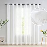 Treatmentex Leinen Gardinen mit Ösen 140cm Breite Slub-Textur Halbtransparent Ösenvorhang Gardinen Weiss Leinenoptik Lichtdurchlässig Vorhänge für Schlafzimmer Bauernhaus Wohnzimmer-2 Stücke,140x225CM