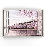 Estika - Leinwand Bilder Fensterblick - Rosa Wald, See - 120x80 cm - 1 teilige Wandbilder, Bild auf Leinwand, Modern Deko für wohnzimmer schlafzimmer - Natur Landschafts bilder - 5979A_1B