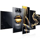 Runa Art - Bilder Lippen Gold Schwarz 200 x 100 cm 5 Teilig XXL Wanddekoration Design Frau 041551a