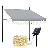 Klemmmarkise, Markise Balkon ohne Bohren, UV-beständig Terrassenüberdachung mit Handkurbel, Höhenverstellbarer Balkon Sonnenschutz Terrasse Wasserdicht, B350*T120 cm Hellgrau mit Solar Lichterkette