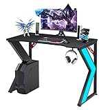 CLIPOP Ergonomischer RGB-Gaming-Schreibtisch, 110 cm, Home-Office-Computertisch mit K-förmigen Metallbeinen und Kopfhörerhaken, Kohlefaser-Oberfläche, PC-Gamer-Tischarbeitsstationen