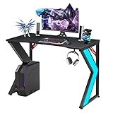 CLIPOP Ergonomischer RGB-Gaming-Schreibtisch, 110 cm, Home-Office-Computertisch mit K-förmigen Metallbeinen und Kopfhörerhaken, Kohlefaser-Oberfläche, PC-Gamer-Tischarbeitsstationen