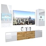 BELINI Wohnwand Vollausstattung Wohnzimmer-Set Moderne Schrankwand mit LED-Beleuchtung Anbauwand TV-Schrank Weiß/Eiche Wotan