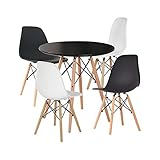 MINGYI Set mit 5 skandinavischen Esszimmern, rund, mit 4 skandinavischen Stühlen, 2 schwarzen und 2 weißen Stühlen, Möbel-Set für 4 Personen (schwarzer Tisch + Stühle A)