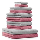 Betz Premium Frottier Handtuch-Set 10-teilig - 2X Duschtücher - 4X Handtücher - 2X Gästetücher - 2X Waschhandschuhe - Silber Grau & Altrosa