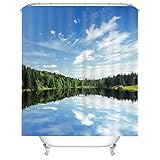 Duschvorhang 180X200 Wald, Duschvorhang Textil Badewanne Polyester Bath Curtains Himmel Wald Spiegelung Grün Blau für Outdoor Hotel