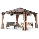 Gartenpavillon 4x4 m wasserdicht ALU Deluxe Pavillon mit 4 Seitenteilen Partyzelt in Taupe lichtdurchlässiges PC Dach