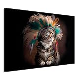 murando Akustikbild Katze lustig Bilder 90x60 cm Akustikschaum Hochleistungsschallabsorber Schallschutz 1 tlg Wandbild Raumakustik Schalldämmung Kätzchen Indianer Federbusch g-H-10022-b-a