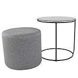 i-flair Nachttisch Beistelltisch mit Hocker Jasper runder Couchtisch und Pouf 40x40 cm N0 Schwarz - Schwarz - Grau