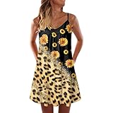 Sommerkleid Damen Große Größen Atmungsaktives Frauen Mode Maxikleid Festlich Retro Drucken Luftig Günstig Vintage Loose Leinenkleid Boho Damen Gelb,XL