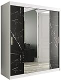 Schrank mit Schiebetüren, Marmur T1 180, Schrank mit Stange und Regal, Schlafzimmerschrank (Weiß matt + Marmor, Schwarz, Schubladen: 4)