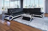 Sofa Sorrento in L Form als Ecksofa mit Bettfunktion zum Schlafsofa Ledersofa mit LED Licht Moderne Couch (mit Bettfunktion, Schwarz-Weiß)