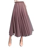 FEOYA A-Linie Elegant Lange Tutu Hohe Elastische Taille Midi-Rock Großer Saum Faltenrock Damen Tüllrock Weiche Tüll Petticoat Einheitsgröße - Khaki