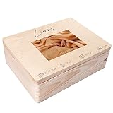 Creative Deco Foto Erinnerungsbox Baby Holzkiste Personalisiert | 40 x 30 x 14 cm (+/-1cm) | für Geburt & Taufe | Groß Natur Geschenk Spielzeugkiste Holzbox mit Deckel Gravur