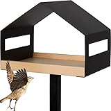 WONDERMAKE® Design Vogelhaus mit Ständer aus Metall und Holz wetterfest, modernes Vogelfutterhaus groß Metalldach stehend, Vogelhäuschen Futterhaus für Vögel zum Stellen XL, Edelstahl Kiefer, schwarz