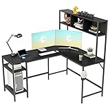 Cubiker L-förmiger Schreibtisch mit Stall, 150 cm Eck-Computertisch, Home-Office, Gaming-Tisch mit Regalen, platzsparend, Schwarz