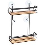 MSV Duschregal Duschkorb Badezimmer ohne Bohren mit Saugnäpfen Stahl Bambus 25,5x12x37cm Schwarz matt