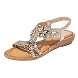 Sandalen Damen Sommer mit Absatz Beige Peep Toe Freizeitsandale Freizeitschuhe Strand mit Strass Sommersandalen Abendschuhe Sommer Sandals Strandschuhe Outdoor Strandsandalen Römersandalen