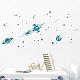 DESIGNSCAPE® Wandtattoo Weltraumreise | Wandtattoo Weltall Kinderzimmer mit Rakete, Planeten und Sternen | Farbe 1: türkis | Größe: mittel (150 x 73 cm)