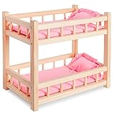 WOODTASTIC Holz Puppenetagenbett - Puppenbett für Puppen bis zu 36 cm, leichte Montage, Baby-Puppenhochbett mit Hellrosa Bettwäsche, inkl. 2 Matratzen & 2 Kissen, Kieferholz-Etagenbett, 40x24x34 cm