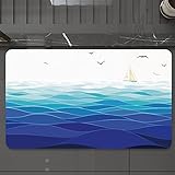 Badematte rutschfest waschbar Badvorleger,Aqua, Grafik Ocean Waves Segelboot mit Vögeln Möwen Seascape Horizon Maritime, Marine,weich Mikrofaser saugstark Badteppich für Badezimmer Badewanne, 40x60 cm