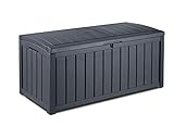 Keter Glenwood Kissenbox, Auflagenbox, 390 Liter Volumen, Wasserdicht, Grau Anthrazit, Holzoptik, Sitzbank für 2 Erwachsene,128x65x61cm