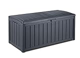 Keter Glenwood Kissenbox, Auflagenbox, 390 Liter Volumen, Wasserdicht, Graphit, Holzoptik, Sitzbank für 2 Erwachsene,128x65x61cm, Allzwecktruhe