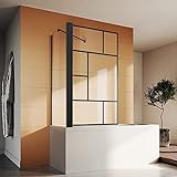 SONNI Duschwand für Badewanne mit Schwarzem Gitterdesign NANO-GLAS Badewannenaufsatz faltbar Duschabtrennung Badewanne 80x140 cm(BxH)